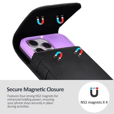 ACCKUO Leather Phone Holster with Strong Metal Belt Clip and Magnetic Closure Compatible with iPhone 16/15/14/13/12 Pro Max, Galaxy S25/S24/S23/S22 Plus & FE, L-Black - Image 4