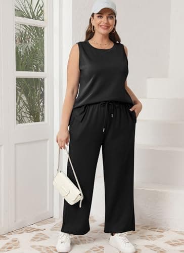 XIEERDUO 2 Piece Outfits for Women Casual Summer Sleeveless Tracksuit Spring Travel Vacation Lounge Set Wide Leg Loungewear Women's Resort Wear Black Clothing M - Image 4