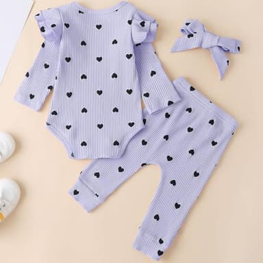 Fullfamous Infant Baby Girl Clothes Fall Winter Outfits Long Sleeve Clothing Onesie Pant Set Gifts 3-6 months Lavender Heart - Image 4