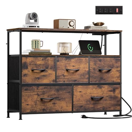 WLIVE Dresser for Bedroom, 5 Drawer Dressers with Charging Station, Fabric Chest of Drawers with Open Shelves, Storage Dresser for Living Room, Closet, Entryway, Rustic Brown Wood Grain Print - Image 1