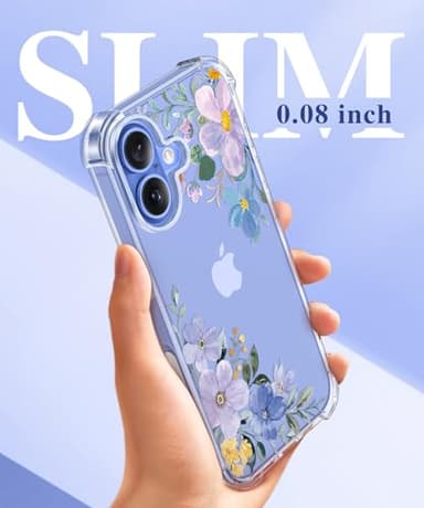 GVIEWIN for iPhone 16 Case, with Screen Protector & Camera Lens Protector, Floral Shockproof Protective Bumper Slim Soft Clear Phone Cover for Women 2024 6.1" (Violet Bloom/Blue) - Image 8