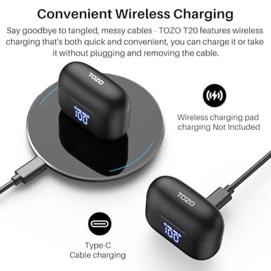 TOZO T20 Wireless Earbuds Bluetooth Headphones 48.5 Hrs Playtime with LED Digital Display, IPX8 Waterproof, Dual Mic Call Noise Cancelling 10mm Broad Range Speakers with Wireless Charging Case - Image 5