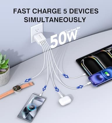 USB C Wall Charger Block, 2Pack 50W 5-Port C Charger Fast Charging Block PD Power Adapter +QC 3.0 Multiport Type C Box Brick Cube USB A Wall Plug for iPhone 16/15/14 Pro Max Plus, iPad,Samsung Galaxy - Image 2
