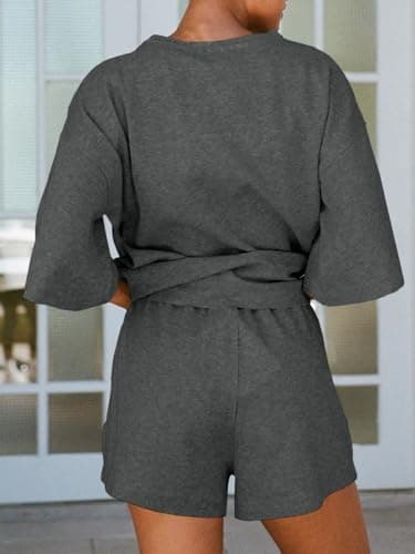 Tankaneo Womens Pajama Sets 3/4 Sleeve Oversized Tops and Elastic Waist Shorts Lounge Sets Loungewear Dark Grey - Image 5