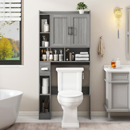 Over The Toilet Storage Cabinet, Farmhouse Storage Cabinet Over Toilet with Barn Door，Home Space-Saving Toilet Rack for Bathroom, Restroom and Laundry.（Wash Grey） - Image 1