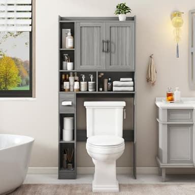 Over The Toilet Storage Cabinet, Farmhouse Storage Cabinet Over Toilet with Barn Door，Home Space-Saving Toilet Rack for Bathroom, Restroom and Laundry.（Wash Grey） - Image 1