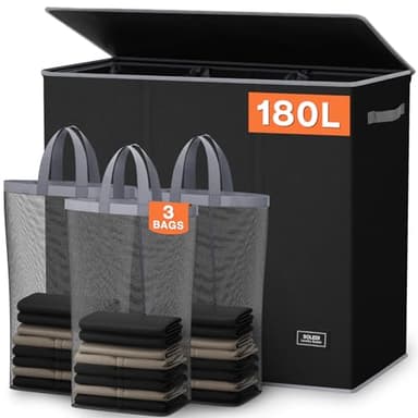 SOLEDI 180L Laundry Hamper 3 Section, Extra Large Laundry Hamper with Lid, Dirty Clothes Hamper with Sturdy Handle, Large Laundry Basket Organizer for Laundry Room, Bedroom, Hampers for Laundry - Image 1