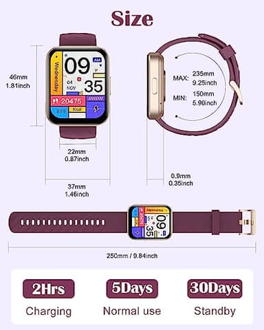 RUIMEN Smart Watches for Women Men (Answer/Make Calls) Compatible with iPhone/Android Phones, 1.85" HD Screen Fitness Tracker Heart Rate Monitor 100+ Sports Tracker Watch Waterproof (Purple) - Image 8