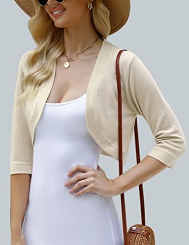 iClosam Women 3/4 Sleeve Cropped Cardigans Open Front Bolero Shrug Knit Sweater Jacket (Small, Beige) - Image 2