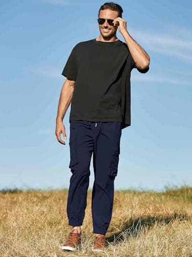 JMIERR Men's Casual Pants Comfy Slim Fit Elastic Waist Drawstring Stretch Tapered Athletic Work Hiking Workout Lightweight Cargo Joggers Sweatpants with Pockets Fall Clothing, S, Navy Blue - Image 5