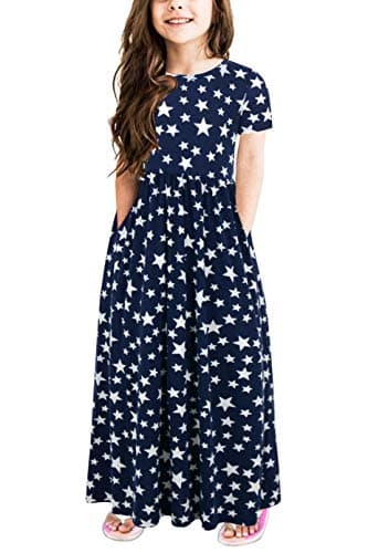 GORLYA Girl's Short Sleeve Floral Print Loose Casual Holiday Long Maxi Dress with Pockets 8 Years (7-8Years/Height:130cm, Navy Star) - Image 1