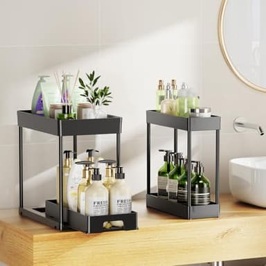 Delamu 3 Pack Under Sink Organizers and Storage, 2 Tier Black Bathroom Cabinet Organizer, Multi-Use Kitchen Bathroom Organizers and Storage, Under Counter Organizer with Hooks - Image 3