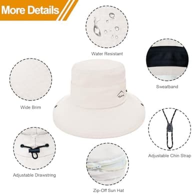 Sun Hats for Women Bucket Hat UV Protection Fishing Hat Wide Brim Safari Hats 2 in 1 Zip-Off Sun Visor Hats UPF 50+ - Image 6