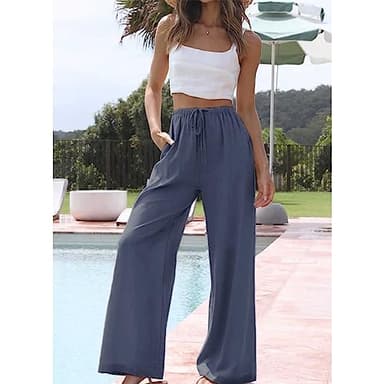 Duyang Womens Cotton Linen Palazzo Pants Drawstring Elastic Waist Casual Wide Leg Trousers with Pockets(Blue,M) - Image 8
