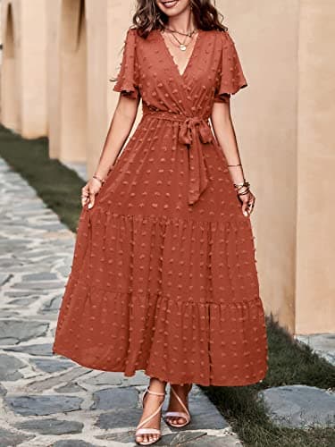 MASCOMODA Womens Boho Swiss Dot Maxi Dresses Wrap V Neck Flutter Short Sleeve Solid Tie Belt A Line Tiered Flowy Long Dress(Orange,X-Large) - Image 3