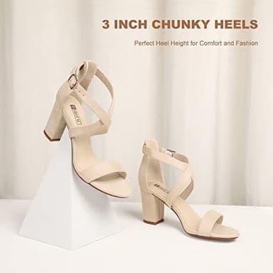 IDIFU Women's IN3 Grace Strappy Block Heels Sandals Comfy Open Toe Chunky Dress Wedding Shoes with Adjustable Cross Strap (8, Nude Suede) - Image 3