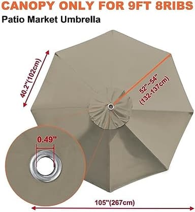 EliteShade USA 9FT Patio Umbrella Replacement Covers 8 Ribs Market Umbrella Canopy Cover (CANOPY ONLY) (Khaki - Image 4
