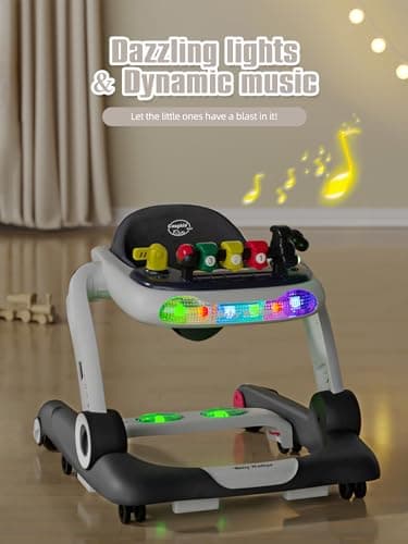 Music and Lights Baby Walker with Wheels, 6 in 1 Baby Activity Center w/Ergonomic backrest Design, Baby Walkers for Boys w/Foot Pads, Music Bouncer Walkers for Boys Girls Babies 6-18 Months, D Grey - Image 3