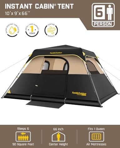 FanttikOutdoor Zeta C6 Pro Camping Tent 6 Person Instant Cabin Tent Setup in 60 Seconds with Rainfly & Windproof Portable with Carry Bag for Family Camping & Hiking, Khaki - Image 2
