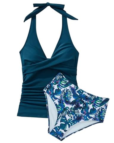 SUUKSESS Women Sexy Halter Tankini Bathing Suits Slimming Tummy Control High Waisted Swimsuits 2 Piece (Blue Floral, XL) - Image 2