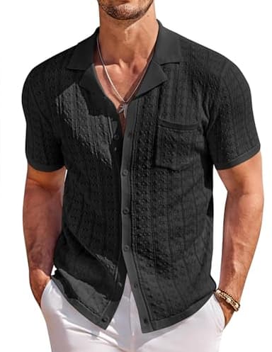COOFANDY Men's Knit Button Down Shirt Vintage Short Sleeve Polo Shirts Casual Beach Shirts Top Black - Image 1