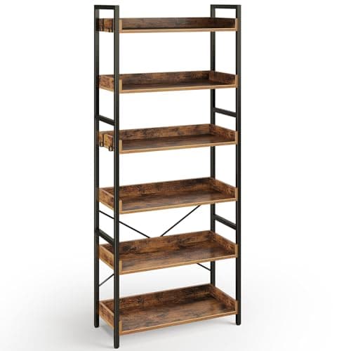 Rolanstar Bookshelf 6 Tier with 4 Hooks, Industrial Wood Bookcase, Vintage Storage Rack with Open Shelves, Rustic Standing Bookshelves Metal Frame Display Rack for Living Room, Bedroom, Rustic Brown - Image 1