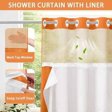 YellyHommy No Hook Shower Curtain with Snap in Liner Set Less Time Waffle Shower Curtain for Bathroom 75" L x 72" W Orange - Image 3