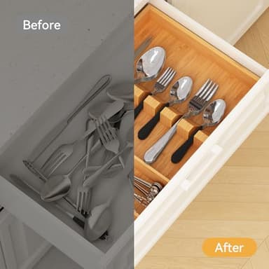 Yofidra Pure Bamboo Silverware Drawer Organizer: 16.53" Lx10 Wx1.93 H Large Silverware Utensil Tray Holder, 3-Compartment with 6 Card Slots Kitchen Flatware Organizer for Spoons Forks Knives - Image 8