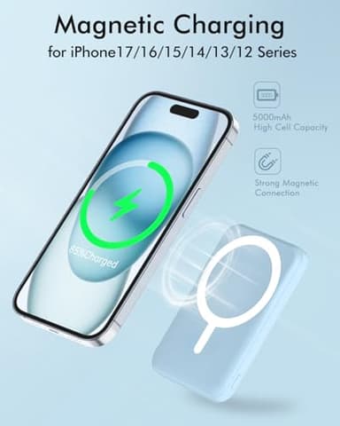 podoru for Magsafe Battery Pack, 5000mAh Magnetic Power Bank with Type-C Cable 20W PD Fast Charging Lighting Input Wireless Portable Charger for iPhone 17/16/15/14/13/12/ All Series-Sierra Blue - Image 3