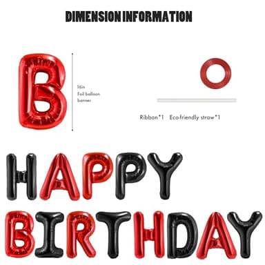 CANREVEL Happy Birthday Banner 13pcs 16 Inch Mylar Foil Letters Sign Balloons Birthday Party Decorations for Kids and Adults - 3D Black Red - Image 2