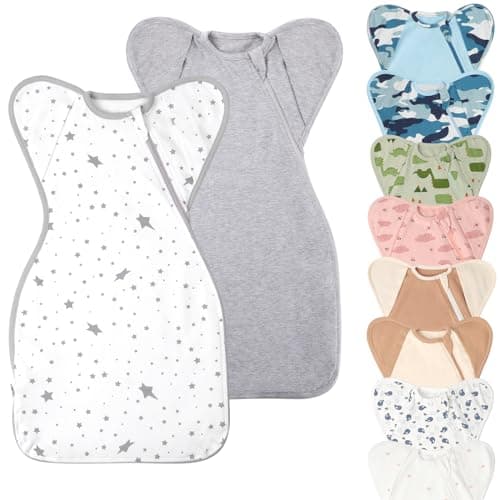 Premium Soft Cotton Swaddle Blanket Sleep Sack Arms Up Design 2 Packs 3-6 Months, Hands Up 3-Way Transitions to Arms-Free Wearable Sleeping Sack Bag for Baby Boys Girls Snug Fit Calms Startle Reflex - Image 1