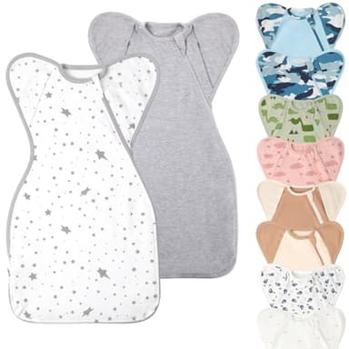 Premium Soft Cotton Swaddle Blanket Sleep Sack Arms Up Design 2 Packs 3-6 Months, Hands Up 3-Way Transitions to Arms-Free Wearable Sleeping Sack Bag for Baby Boys Girls Snug Fit Calms Startle Reflex - Image 1