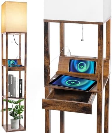 RUNTOP Floor Lamp with Shelves, Shelf Floor Lamp with Wireless Charger & 2 Charging USB Ports & Drawer, AC Outlet, 3 Color Temperature Tall Standing Lamp with Bulb for Living Room, Bedroom, Office - Image 3