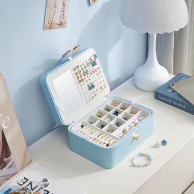 Lolalet 2 Layer Jewelry Box for Teen Girls & Young Women, Jewelry Organizer Case with Bow Clasp and Mirror for Earrings Rings Necklaces Storage, Gift Idea -Blue - Image 2