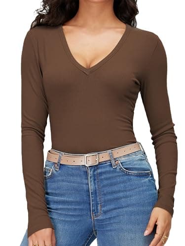 iGENJUN Women Long Sleeve V Neck Shirts for Women Business Casual Work Top Knit Slim Fit for Fall,XL, Brown - Image 7