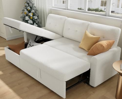 IULULU Sleeper Sofa, L Shaped Boucle Sectional Couch with Pullout Bed, Reversible Storage Chaise, 2 in 1 Pull Out Couches for Living Room, Apartment, Off White - Image 1