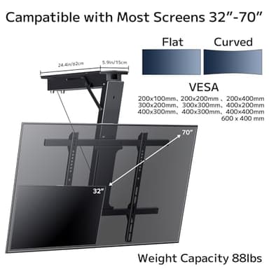 Yegosh Electric Ceiling TV Mount, Remote Adjustable Flip Down Bracket for 32 to 70 Inch Flat Curved Screen TVs Max VESA 600x400mm, Motorized TV Ceiling Mount for Flat Pitched Roof Indoor Outdoor - Image 2