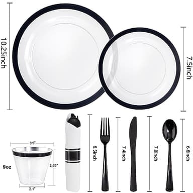 I00000 350 Pcs Clear and Black Plastic Plates,Black Dinnerware Set, Include 50 Dinner and 50 Dessert Plates,50 Plastic Cups,50 Per Rolled Napkins with Cutlery for Party,Wedding,Halloween - Image 3