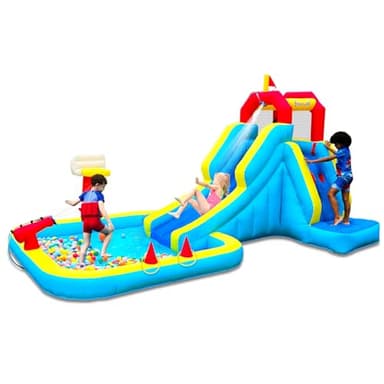 Bounwell Inflatable Water Slide, Blow Up Water Slide with Climbing Wall, Water Slide for Kids Backyard with Basketball Hoop, Water Cannon and Splash Pool - Image 1