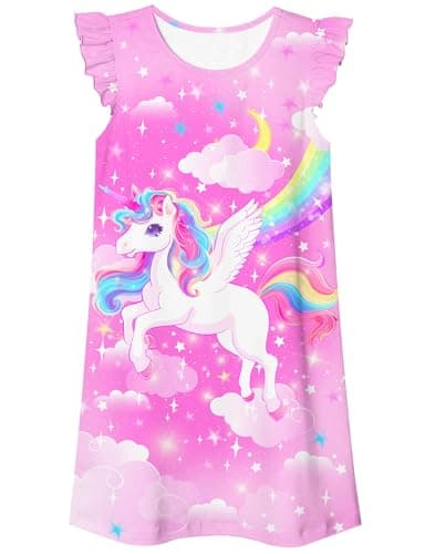 uideazone Unicorn Nightgowns for Girls Size 7-8 Pink Flutter Sleeve Nightdress Rainbow Cloud Princess Pajamas Dress M - Image 1