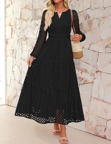 ZESICA Women's 2025 Fall Long Sleeve Maxi Dress V Neck Hollow Out Eyelet A Line Long Flowy Casual Party Dresses Black Large - Image 2