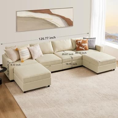 Sweetcrispy Convertible Sectional Sofa Couch, 6 Seat 6 Backs Sofa Set with Storage for Living Room, U-Shaped Modern Modular Sofa Sleeper with Reversible Chaise, Beige - Image 2