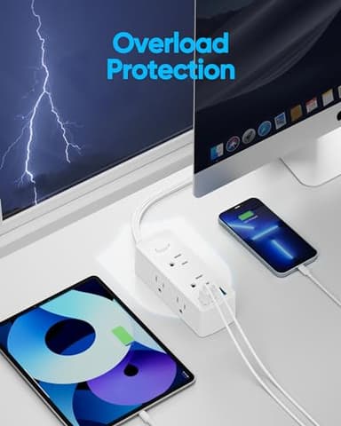 Power Strip Surge Protector, Olcorife Ultra Thin Flat Plug Extension Cord 5ft, 6 Outlets 3 USB Ports(1 USB C), 3 Sided Outlet Extender for Home Office Travel Dorm Room Essentials, White - Image 6