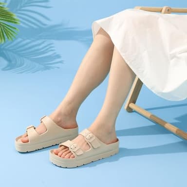Goosecret Women's Platform Sandals with Arch Support Chunky Lightweight Foam Slip on Slides Comfortable Summer Beach Sandals with Adjustable Buckle Nude, 39(size 8-8.5) - Image 7