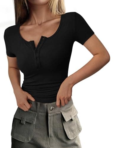 PRETTYGARDEN Women's 2025 Fall Summer Short Sleeve Tops Ribbed Henley Button Slim Fit Basic Casual T Shirts Blouse Clothing (Black,Small) - Image 1