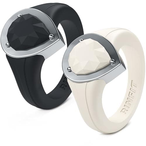 Rinfit Silicone Rings Women - Rubber Wedding Bands Stackable Ring Enhancer- Metal Framed Pear - Pack I: Black & White/Silver, Size 8 - Image 1