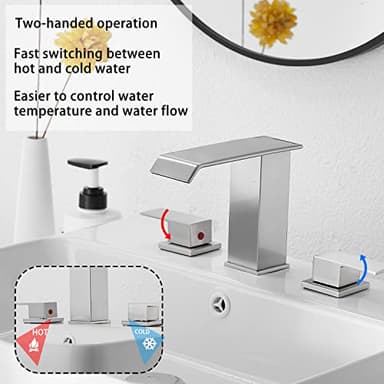 Bathroom Faucet Brushed Nickel Widespread GGStudy 3 Holes 2 Handle Waterfall Modern Bathroom Sink Faucet with Pop Up Drain - Image 3