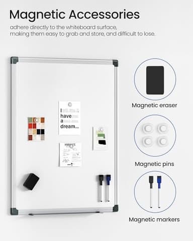 VUSIGN Magnetic White Board Kit for Wall 24" x 18", 1 Dry Eraser & 2 Multicolor Markers & 4 Magnetic Pins, Sliver Reinforced Aluminum Frame for Home, School, Office - Image 2