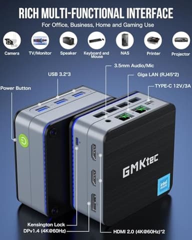 GMKtec Mini PC Intel N150(Turbo 3.6GHz) 12GB DDR5 512GB SSD Dual LAN, Desktop Mini Computer 4K Triple Display, WiFi6, BT5.2, Energy Efficient Nucbox G2 Plus - Image 5
