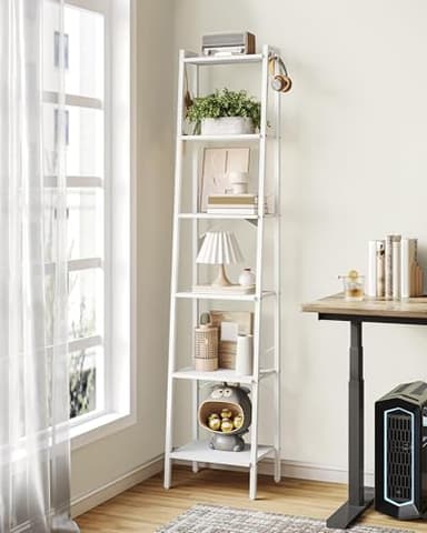 Hzuaneri Ladder Shelf, Bookshelf Bookcase, Freestanding Corner Storage Shelve with 2 Hooks for Home Office, Living Room, Kitchen, Bedroom, Industrial, 6-Tier White BC13313W - Image 8
